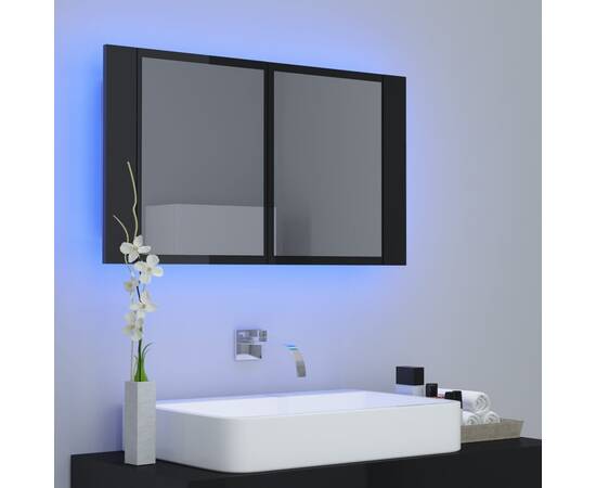 Dulap de baie cu oglindă și led, negru extralucios, 80x12x45 cm, 3 image