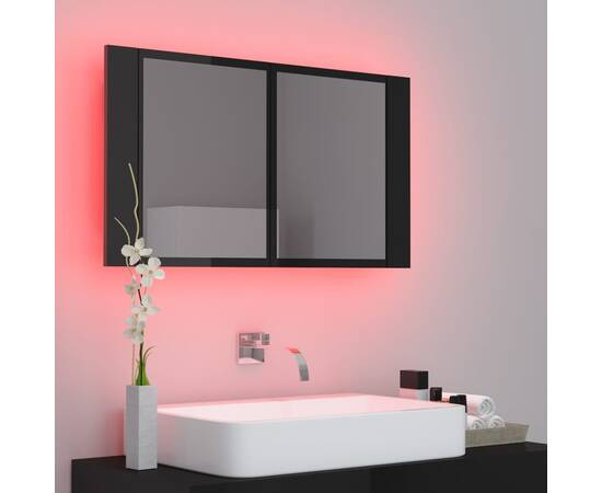 Dulap de baie cu oglindă și led, negru extralucios, 80x12x45 cm, 4 image