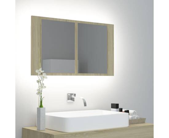 Dulap de baie cu oglindă și led, stejar sonoma, 80x12x45 cm