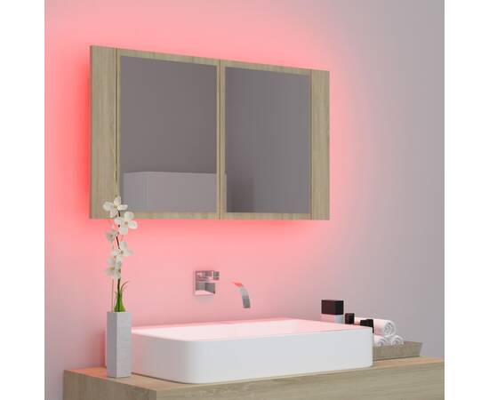 Dulap de baie cu oglindă și led, stejar sonoma, 80x12x45 cm, 4 image