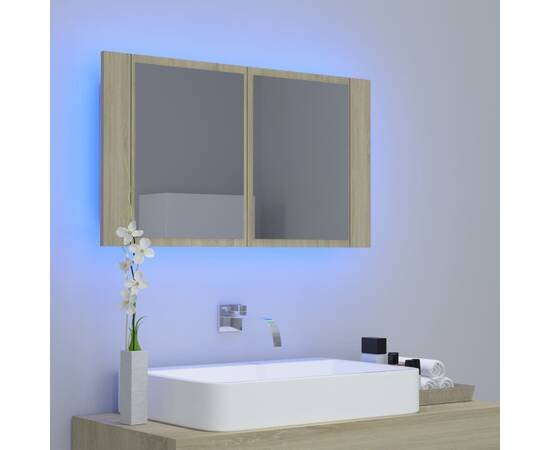 Dulap de baie cu oglindă și led, stejar sonoma, 80x12x45 cm, 3 image
