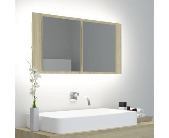 Dulap de baie cu oglindă și led, stejar sonoma, 90x12x45 cm