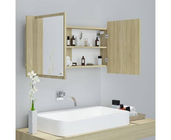 Dulap de baie cu oglindă și led, stejar sonoma, 90x12x45 cm, 6 image