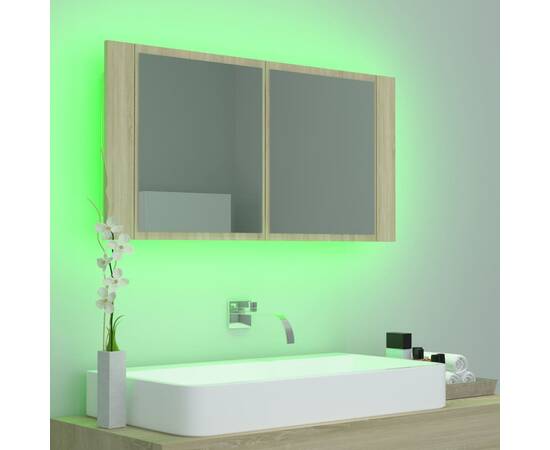 Dulap de baie cu oglindă și led, stejar sonoma, 90x12x45 cm, 5 image