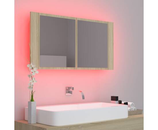 Dulap de baie cu oglindă și led, stejar sonoma, 90x12x45 cm, 4 image