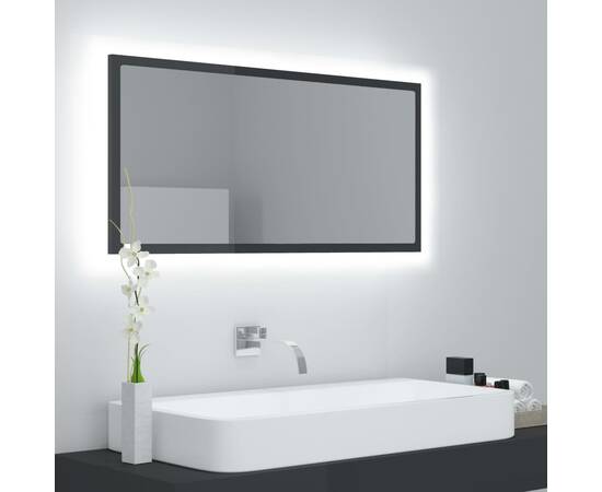 Oglindă de baie cu led, gri extralucios, 90x8,5x37 cm, pal