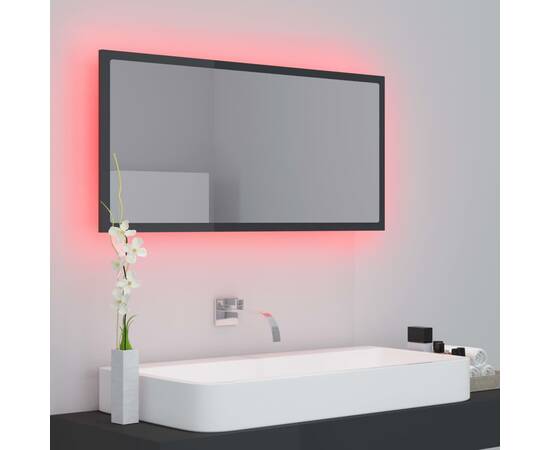 Oglindă de baie cu led, gri extralucios, 90x8,5x37 cm, pal, 3 image