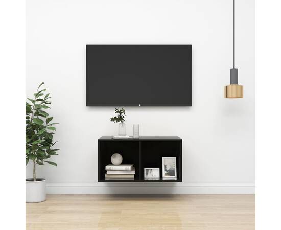 Dulap tv montat pe perete, negru extralucios, 37x37x72 cm, pal