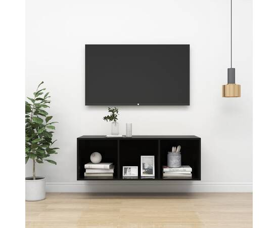 Dulap tv montat pe perete, negru extralucios, 37x37x107 cm, pal