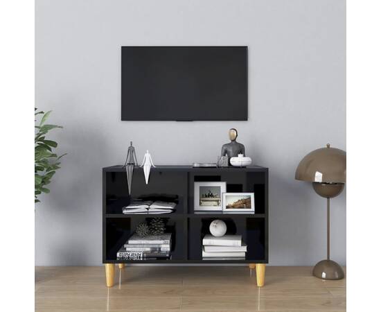Comodă tv, picioare lemn masiv, negru extralucios 69,5x30x50 cm