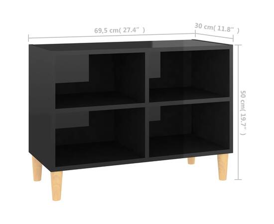 Comodă tv, picioare lemn masiv, negru extralucios 69,5x30x50 cm, 6 image