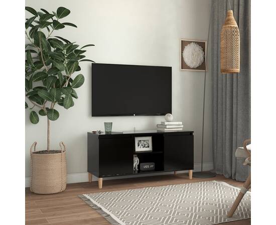Comodă tv, picioare lemn masiv, negru, 103,5x35x50 cm