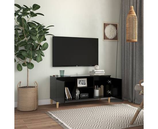 Comodă tv, picioare lemn masiv, negru, 103,5x35x50 cm, 3 image