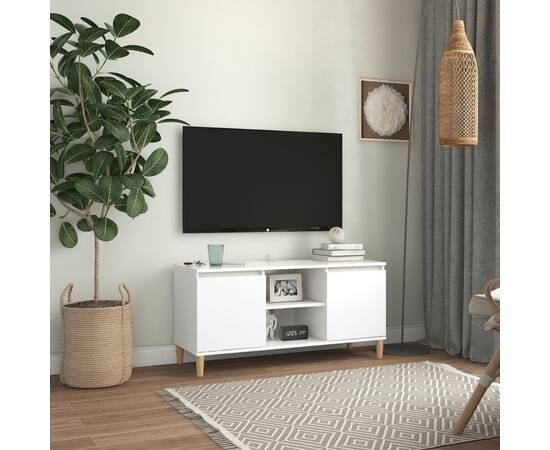 Comodă tv cu picioare din lemn masiv, alb, 103,5x35x50 cm
