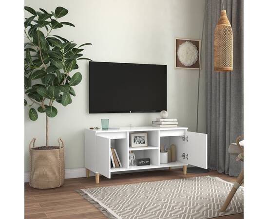 Comodă tv cu picioare din lemn masiv, alb, 103,5x35x50 cm, 3 image