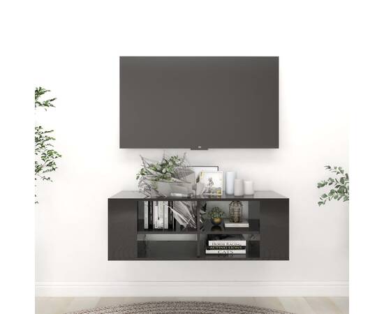 Dulap tv montat pe perete, negru extralucios, 102x35x35 cm, pal