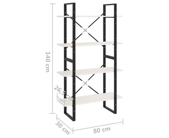 Bibliotecă cu 4 rafturi, alb, 80x30x140 cm, lemn masiv de pin, 8 image