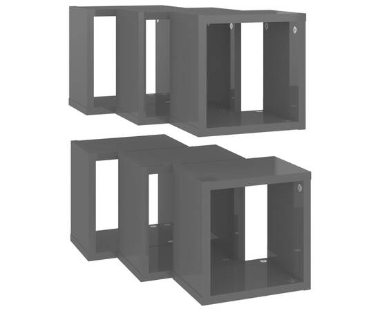 Raft de perete cub, 6 buc., gri extralucios, 22x15x22 cm, pal, 5 image