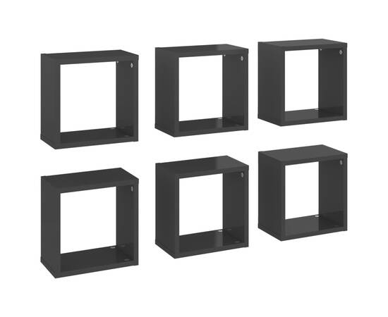 Raft de perete cub, 6 buc., gri extralucios, 26x15x26 cm, pal, 2 image