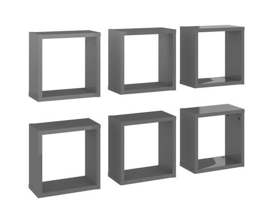 Raft de perete cub, 6 buc., gri extralucios, 30x15x30 cm, pal, 2 image