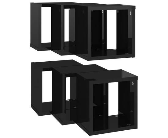 Raft de perete cub, 6 piese, negru extralucios, 22x15x22 cm pal, 5 image