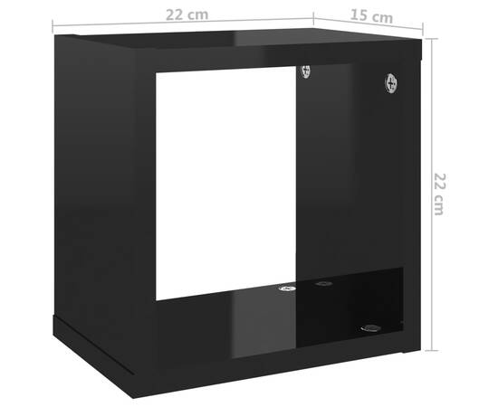 Raft de perete cub, 6 piese, negru extralucios, 22x15x22 cm pal, 11 image