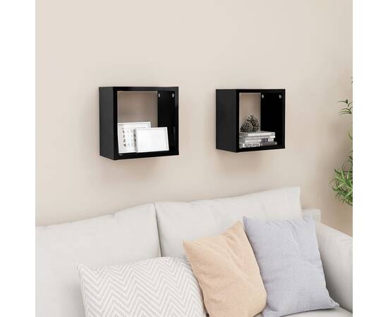 Rafturi de perete cub, 2 buc., negru extralucios, 26x15x26 cm