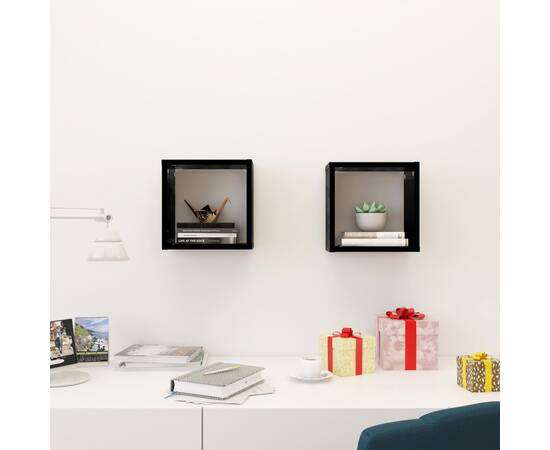 Rafturi de perete cub, 2 buc., negru extralucios, 26x15x26 cm, 3 image