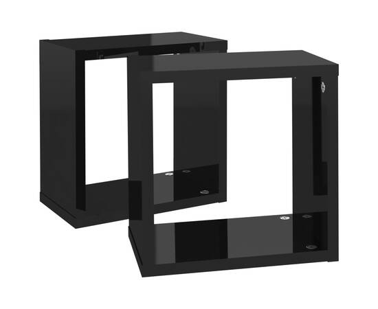 Rafturi de perete cub, 2 buc., negru extralucios, 26x15x26 cm, 6 image