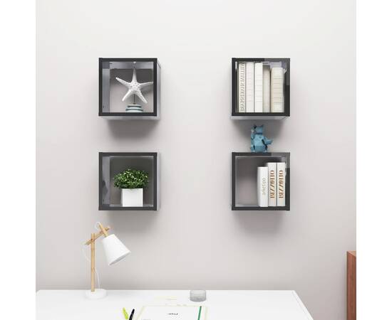 Rafturi de perete cub, 4 buc., gri extralucios, 30x15x30 cm, 3 image