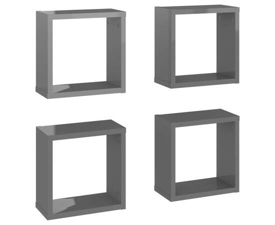 Rafturi de perete cub, 4 buc., gri extralucios, 30x15x30 cm, 2 image