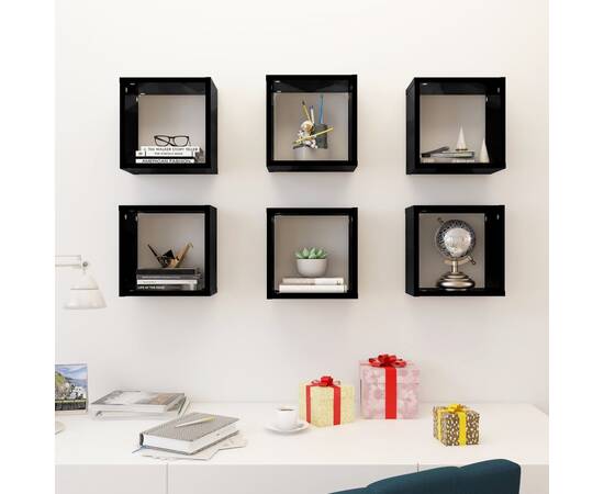 Rafturi de perete cub, 6 buc., negru extralucios, 26x15x26 cm, 3 image