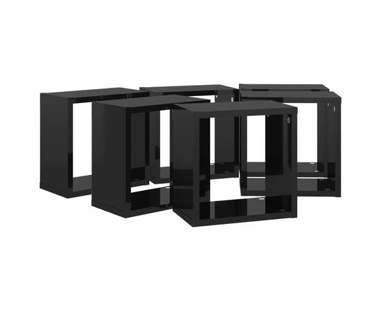 Rafturi de perete cub, 6 buc., negru extralucios, 26x15x26 cm, 6 image