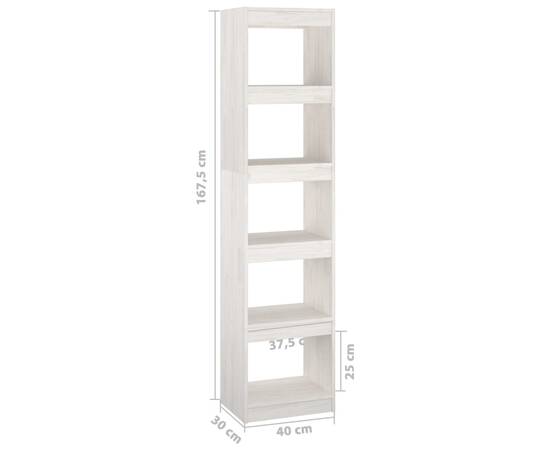 Bibliotecă/separator cameră, alb, 40x30x167,5 cm lemn masiv pin, 8 image