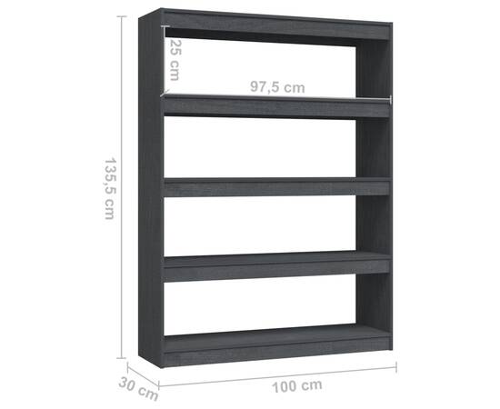 Bibliotecă/separator cameră gri 100x30x135,5 cm lemn masiv pin, 8 image
