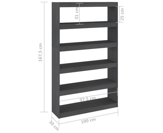 Bibliotecă/separator cameră, gri 100x30x167,5 cm lemn masiv pin, 8 image