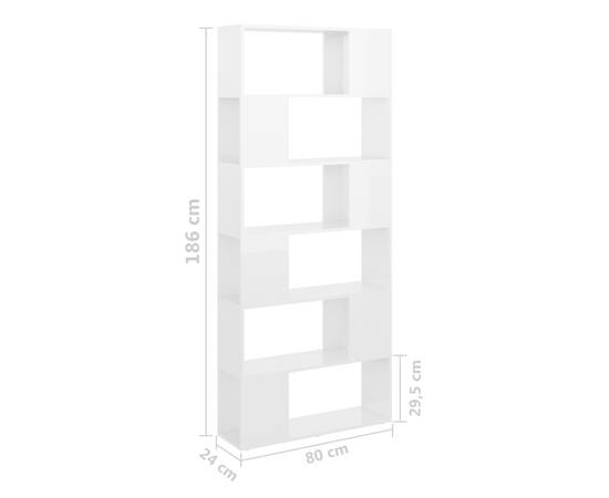 Bibliotecă/separator cameră, alb extralucios, 80x24x186 cm, pal, 7 image