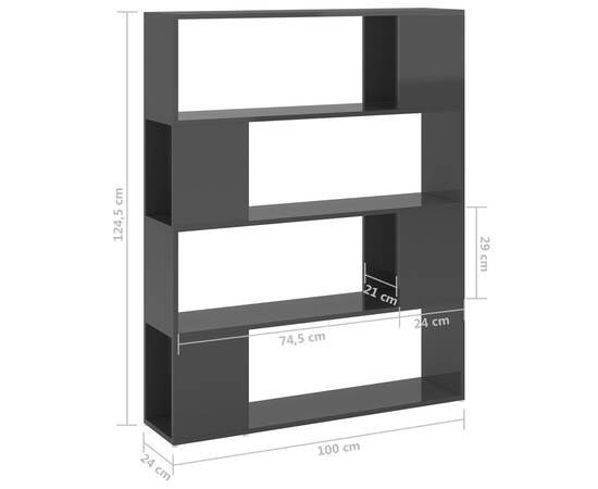 Bibliotecă/separator cameră, gri extralucios, 100x24x124 cm, 7 image