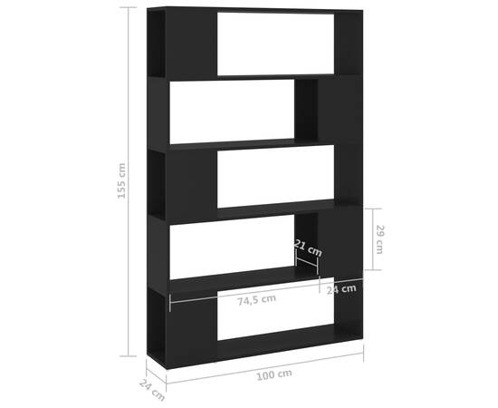 Bibliotecă/separator cameră, negru, 100x24x155 cm, pal, 7 image