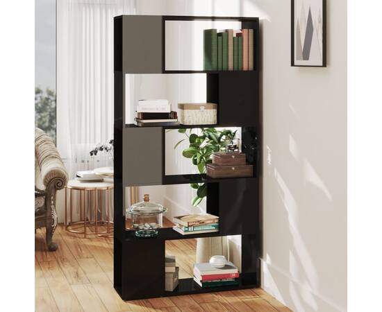 Bibliotecă/separator cameră, negru lucios, 80x24x155 cm, pal