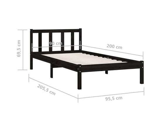 Cadru de pat, negru, 90x200 cm, lemn masiv de pin, 9 image