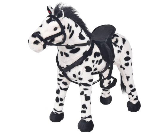 Cal de jucărie din pluș xxl, alb și negru