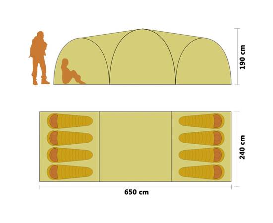 Cort camping tip iglu, 8 persoane, galben, 650 x 240 x 190 cm, 4 image