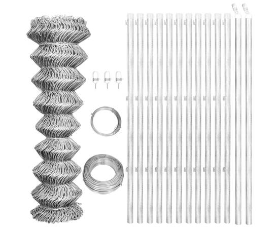Gard din plasă cu stâlpi, argintiu, 25 x 1 m, oțel galvanizat