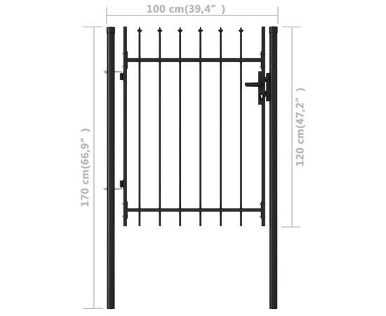 Poartă de gard, o ușă, cu vârf suliță, negru, 1 x 1,2 m, oțel, 5 image