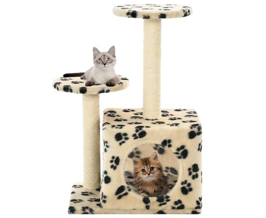 Ansamblu pisici, stâlpi funie sisal, 60cm, imprimeu lăbuțe, bej