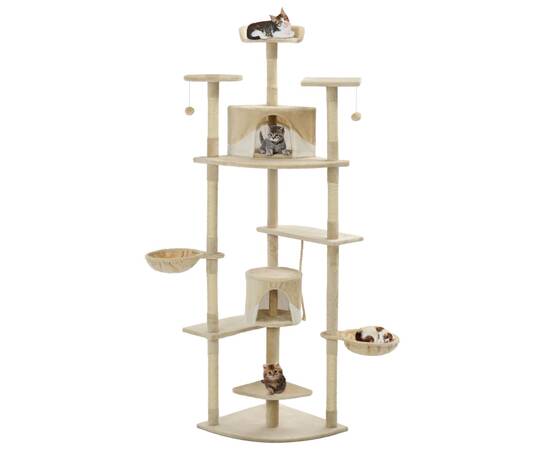 Ansamblu pisici cu stâlpi din funie sisal, 203 cm, bej și alb