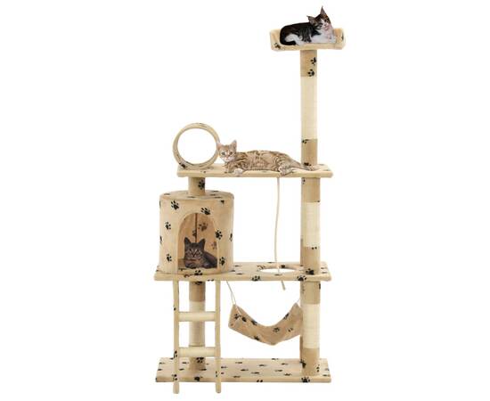 Ansamblu pisici, stâlpi funie sisal 140 cm imprimeu lăbuțe, bej