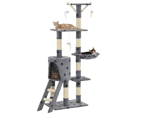 Ansamblu pisici stâlpi funie sisal, 138 cm imprimeu lăbuțe, gri