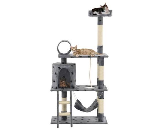Ansamblu pisici stâlpi funie sisal, 140 cm imprimeu lăbuțe, gri